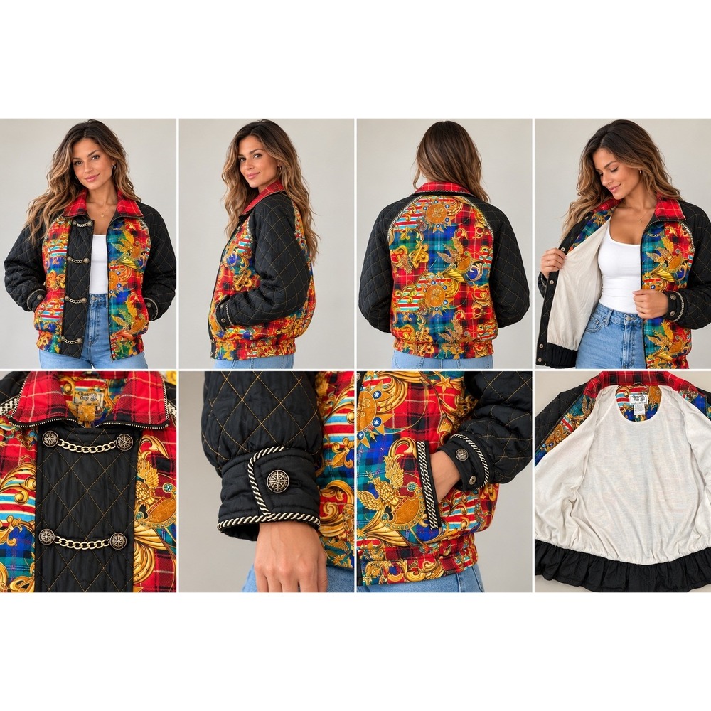 Vintage Clipper Bay Womens L Baroque Plaid Bomber Jacket Made In Korea